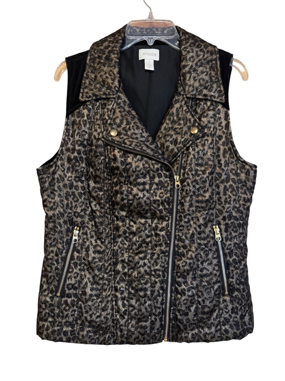 Chico’s Leopard Print Moto Vest with Velvet Back Panel & Gold Zippers Size 1